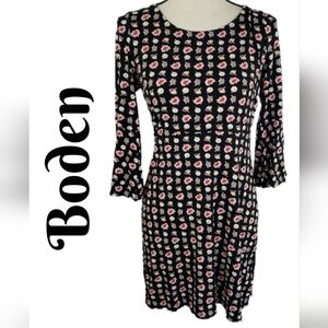 Boden Dress Sz 8 Black With Flowers Stretchy-Soft Fit-Flare Slight Bell Sleeves
